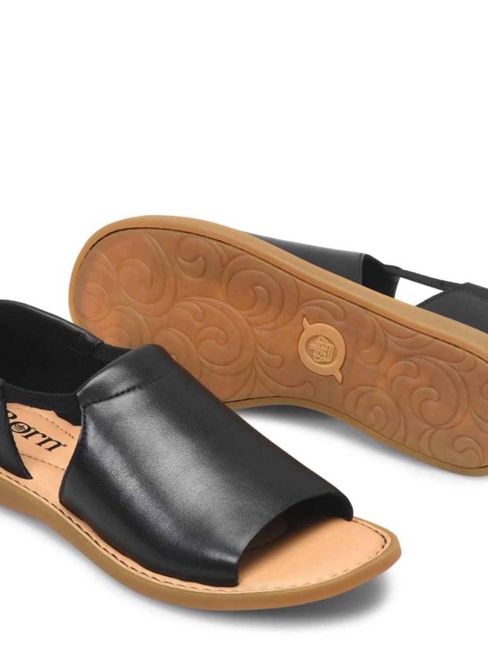Born Cove Modern Women's Black Open-Toe Slide Sandal with Tan Footbed